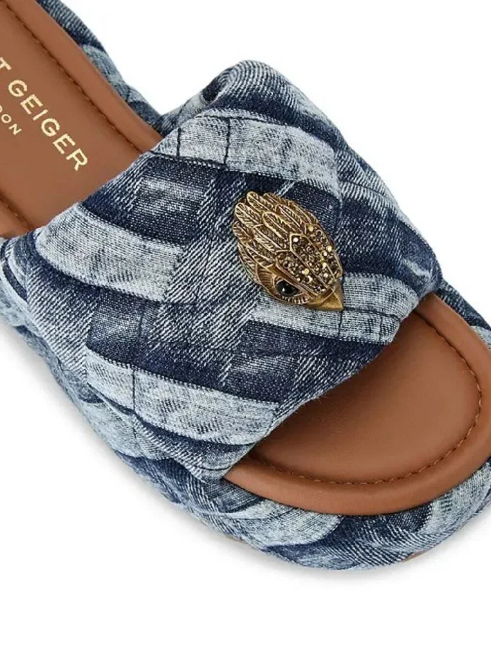 Kurt Geiger Kensington Quilted Denim Patchwork Logo Ornament Platform Slide